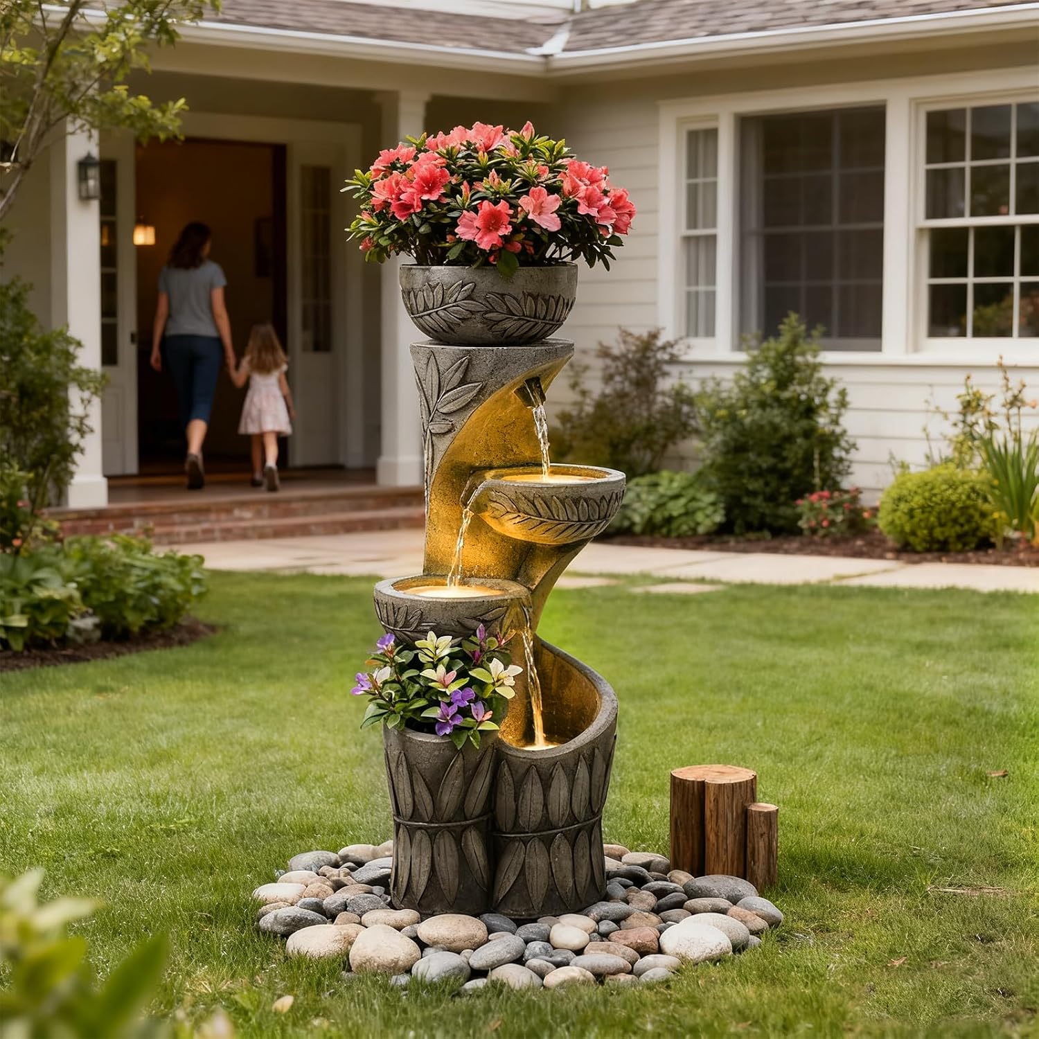 4 Tiered Water Fountain Outdoor, 35.6' Tall Cascading Bowl Leaf Carved Outdoor Waterfall Fountains Modern Water Feature with Dual Planters for Garden, Patio,Deck, Yard, Indoor Decor