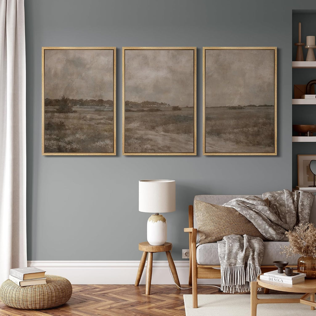 MUDECOR Framed Wall Art Print Set Vintage Neutral Countryside Landscape Rustic Field Path and Distant Trees Illustrations Modern Art Decorative for Living Room, Bedroom, Office - 24'x36'x3 NATURAL