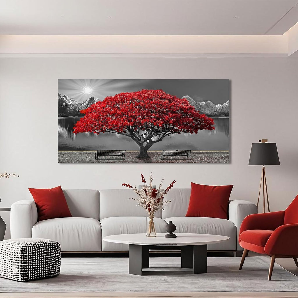 Mofutinpo Black and White Red Tree Wall Art Canvas Print Picture Large Red Tree Landscape Modern Artwork for Living Room Bedroom Office Home Wall Decor With Frame 29X58inch