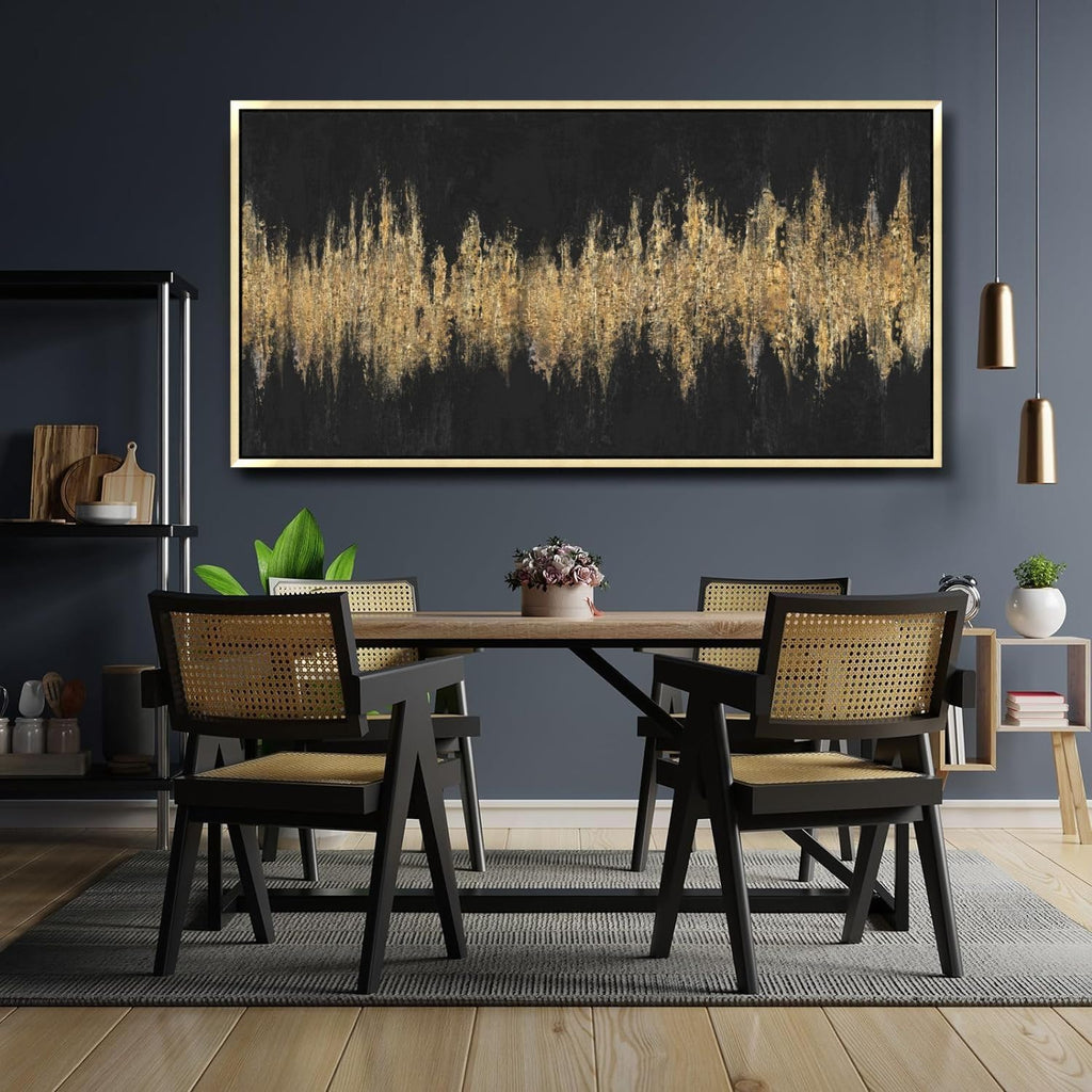 27'x56' Framed Black and Gold Abstract Sound Wave Textured Wall Art, Minimalist Pictures Canvas Wall Deco for Living Room Bedroom Office Gallery