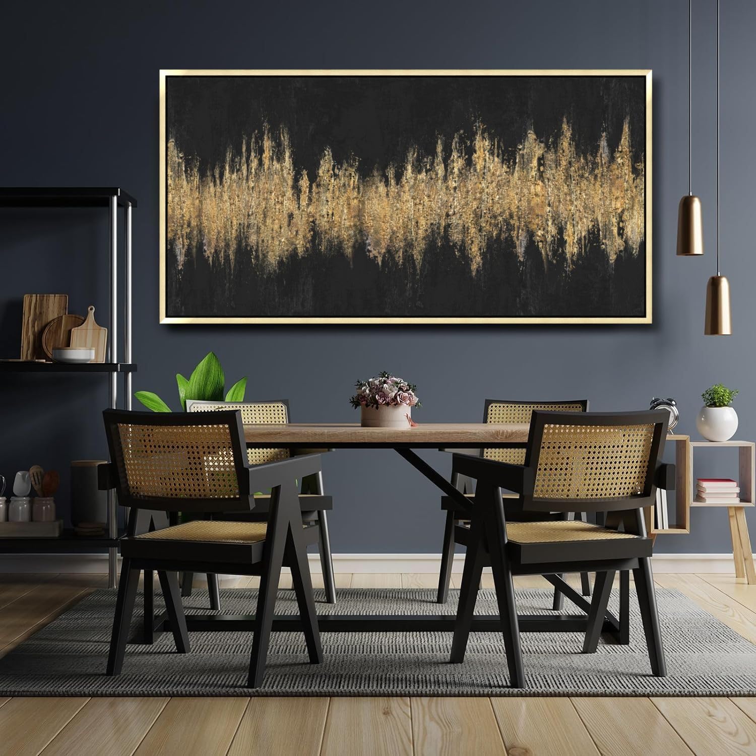 27'x56' Framed Black and Gold Abstract Sound Wave Textured Wall Art, Minimalist Pictures Canvas Wall Deco for Living Room Bedroom Office Gallery