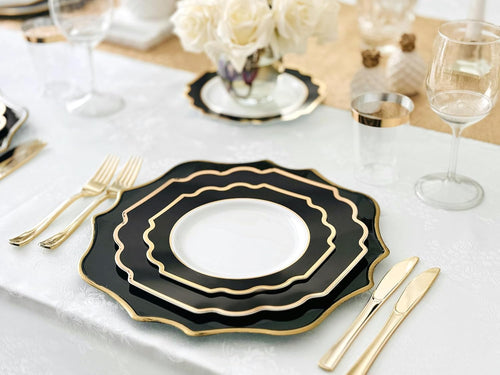 ' OCCASIONS ' 640 Piece set (80 Guests)-Heavyweight Wedding Party Disposable Plastic Plate Set - 80 x 10.5'' + 80 x 8'' + Silverware + Cups + Napkins (Imperial in White & Black & Gold)