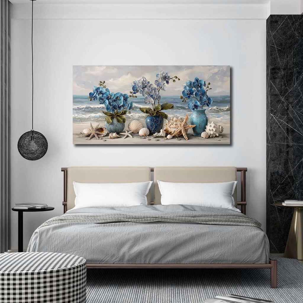 AOZEMI Vase Wall Art Large Seascape Wall Decor Beach Canvas Art Coastal Ocean Pictures Flower Poster Starfish Conch Shell Print Art for Bedroom Bathroom Living Room Office 29'x 59'