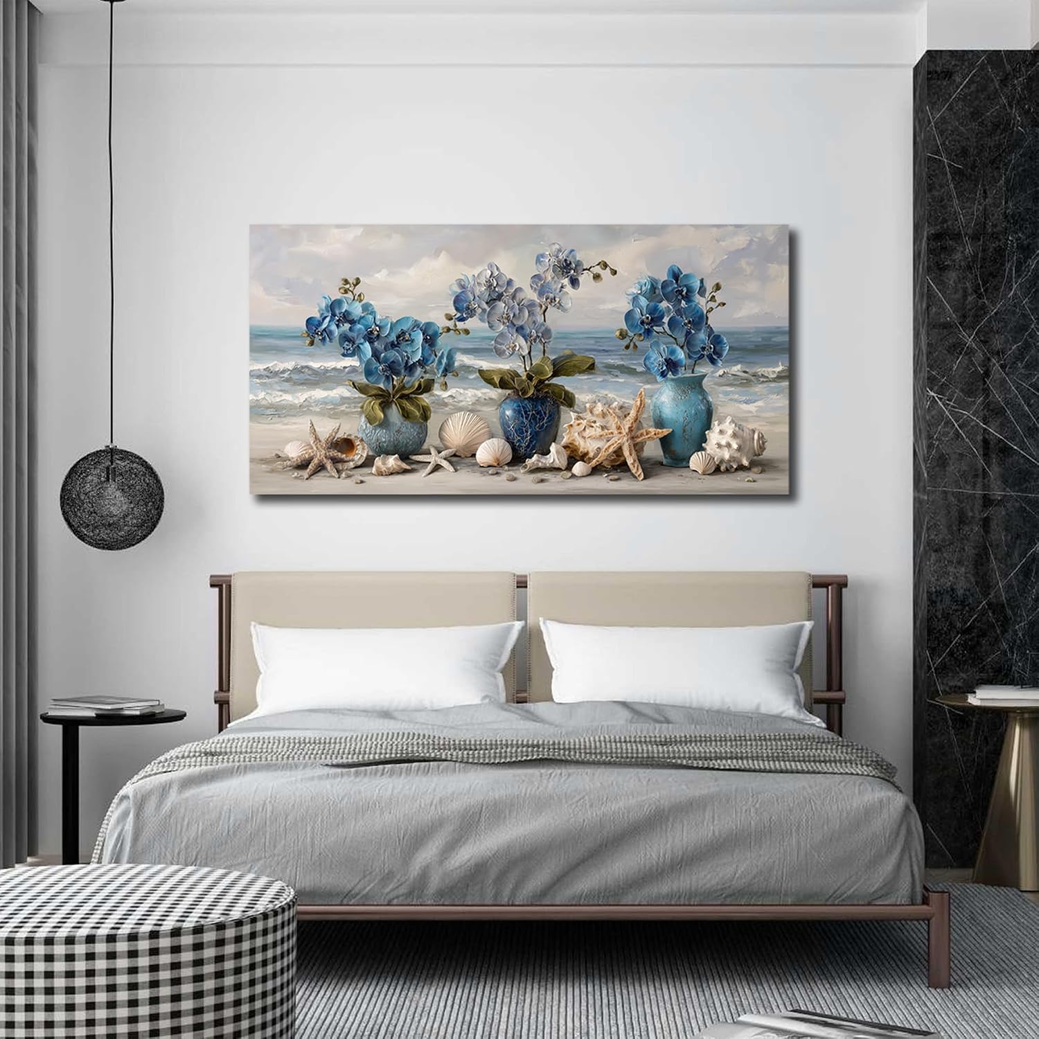 AOZEMI Vase Wall Art Large Seascape Wall Decor Beach Canvas Art Coastal Ocean Pictures Flower Poster Starfish Conch Shell Print Art for Bedroom Bathroom Living Room Office 29'x 59'