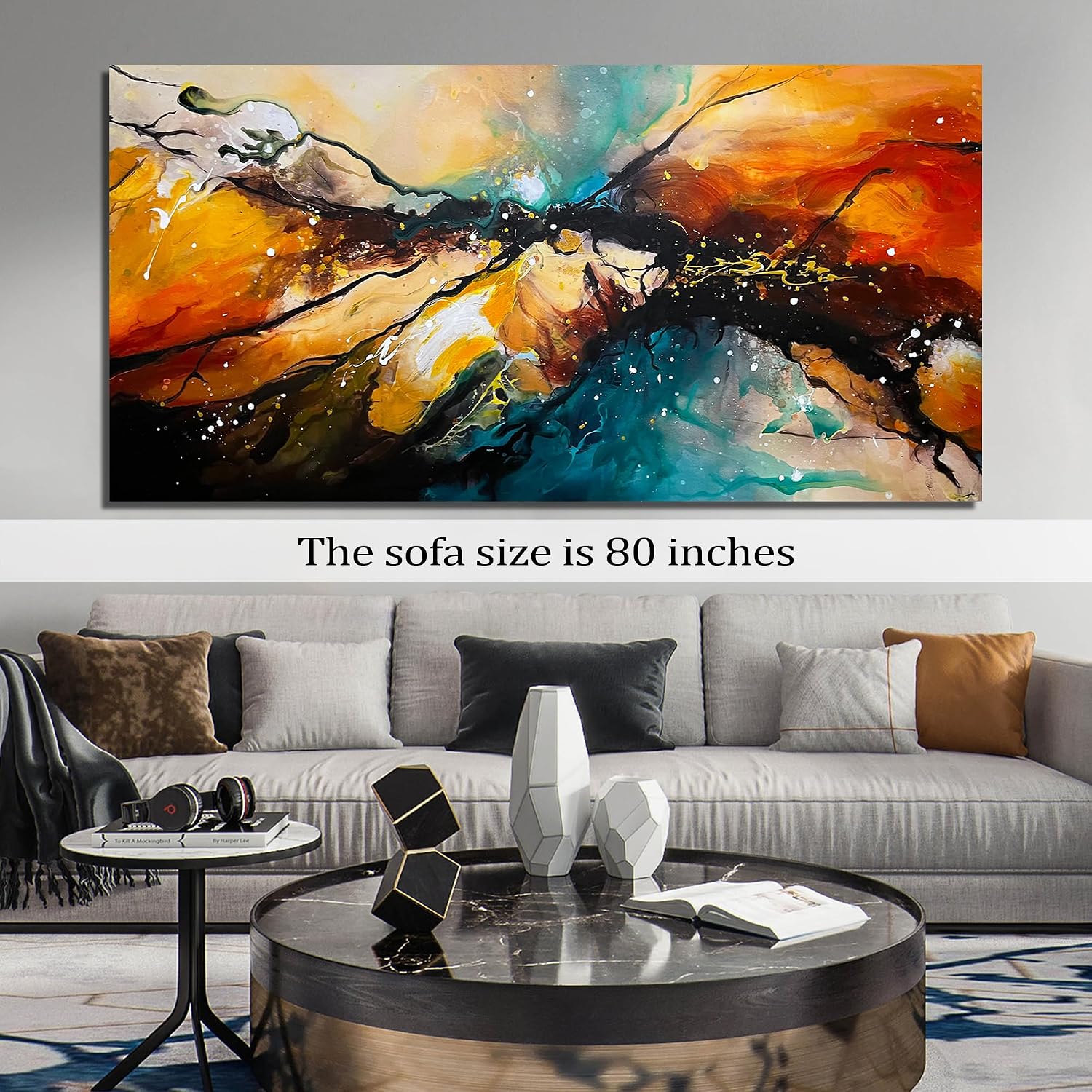 JKWALL77 Abstract Hand Painted Wall Art For Living Room Huge Canvas Wall Decor For Office Modern Painting Wall Art For Bedroom Size 36 x 72 Inch