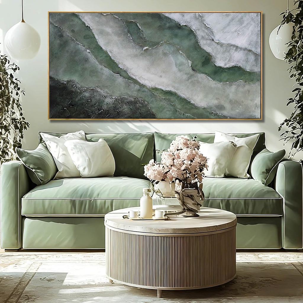 Green and White Textured Landscape Wall Art 24x48 Inch, Large Framed Canvas Artwork with Wood Frame, Abstract Nature Wall Decor for Living Room or Entryway