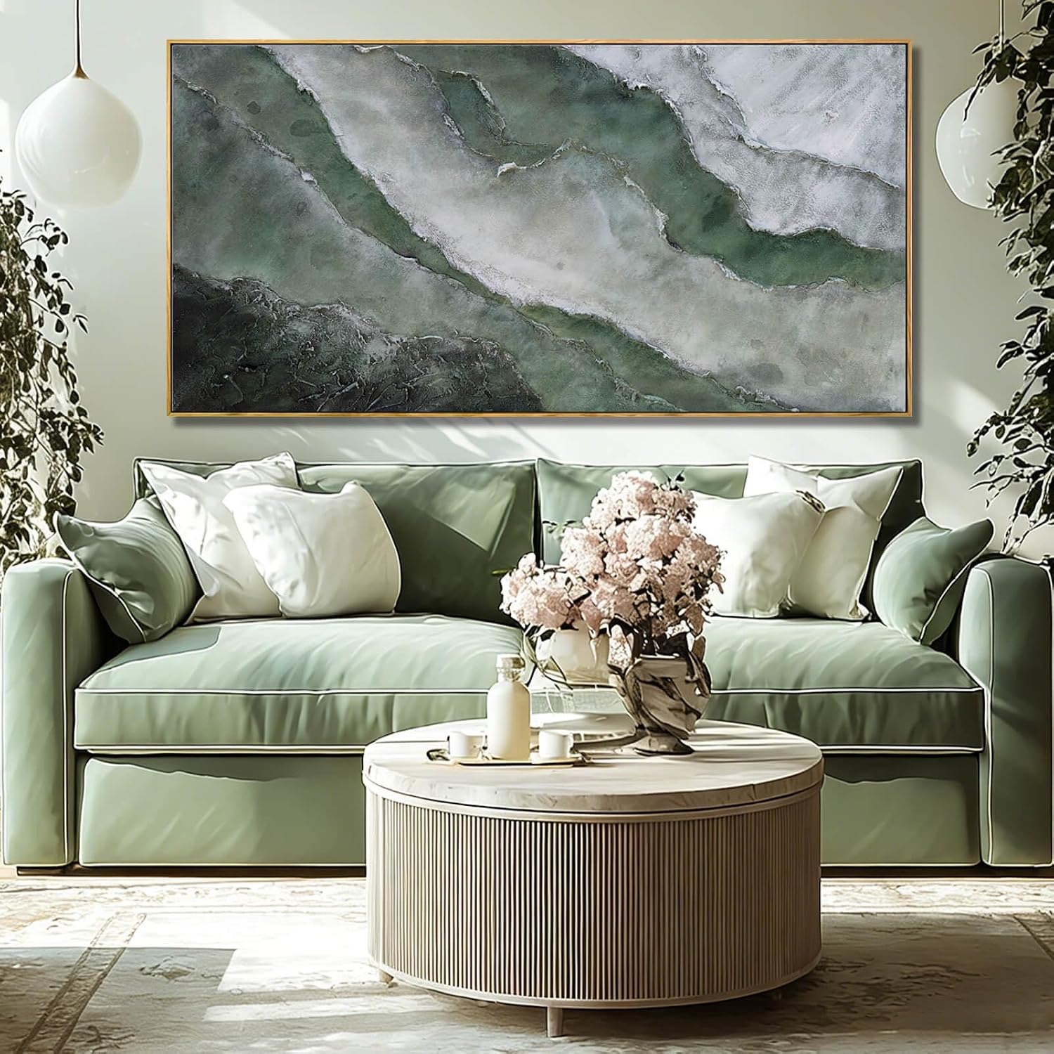 Green and White Textured Landscape Wall Art 24x48 Inch, Large Framed Canvas Artwork with Wood Frame, Abstract Nature Wall Decor for Living Room or Entryway