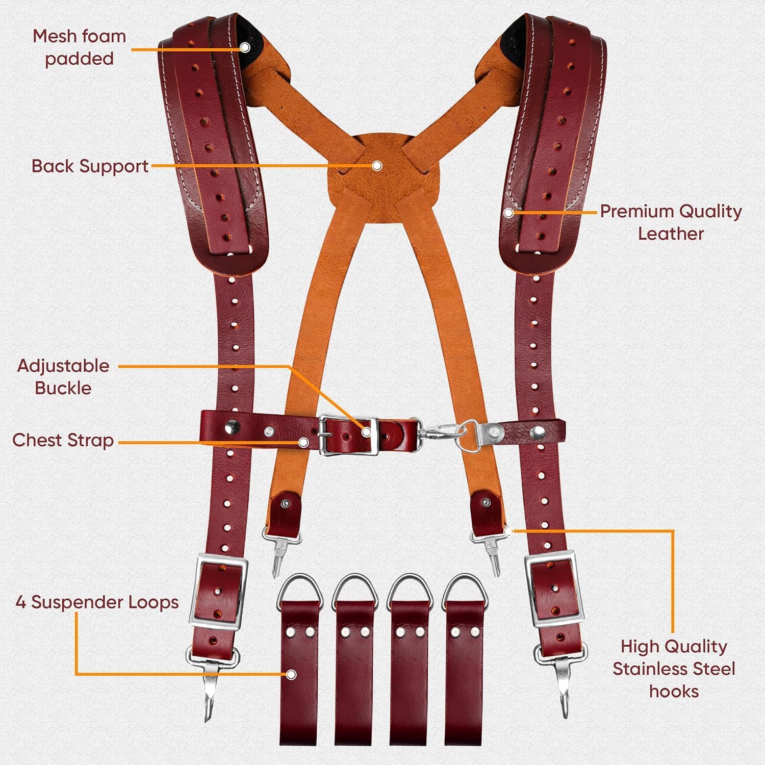 FUERI Leather Tool Belts with Suspender for Men, Heavy-Duty Durable Carpenter Tool Rig Organizer With 19 Pockets-2 Pouches, Padded Suspender, Hammer Holder, D-Loops & Foam-Padded Belt Electricians