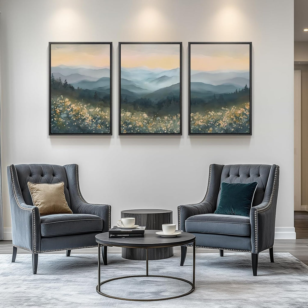 Framed Mountain Landscape Wall Art for Living Room, Large Watercolor Wildflower Scenic Artwork for Walls, 3 Piece Boho Foggy Nature Aesthetic Canvas Painting Print for Bedroom Office Kitchen, 24x36 In