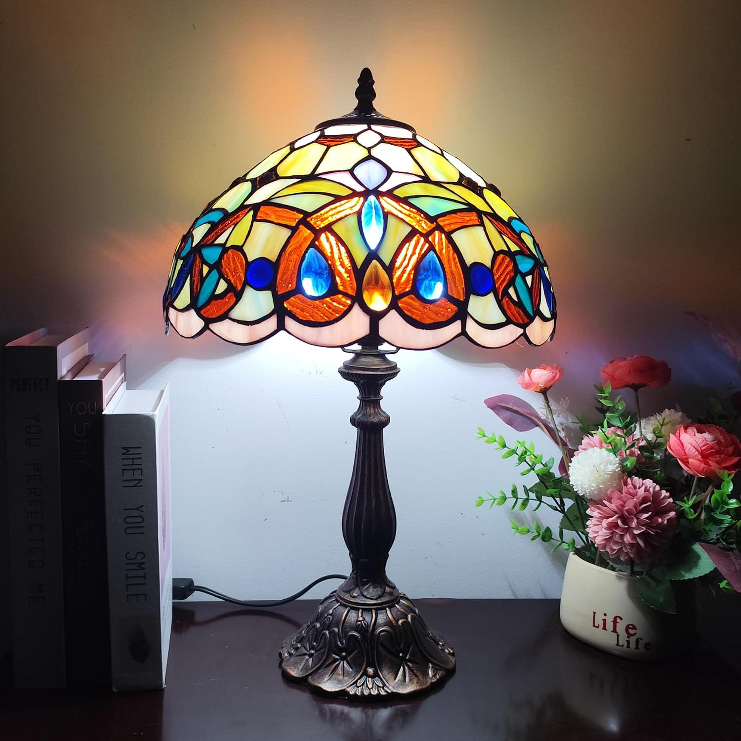 Tiffany Table Lamp Victorian Style Stained Glass Desk Light 12 Inch Tiffany Style Bedside Lamp with LED Bulb for Bedroom Living Room Office Decor