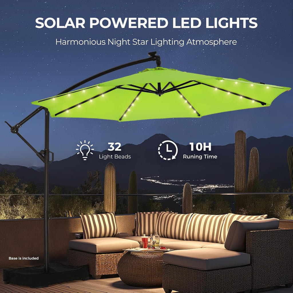 HOMSHADE 10ft Solar Lights Offset Cantilever Patio Umbrella - with Light and Base, LED Lighted Offset Hanging Patio Outdoor Market Umbrella UPF50+ UV Protection with Easy Tilt and Crank (Apple Green)