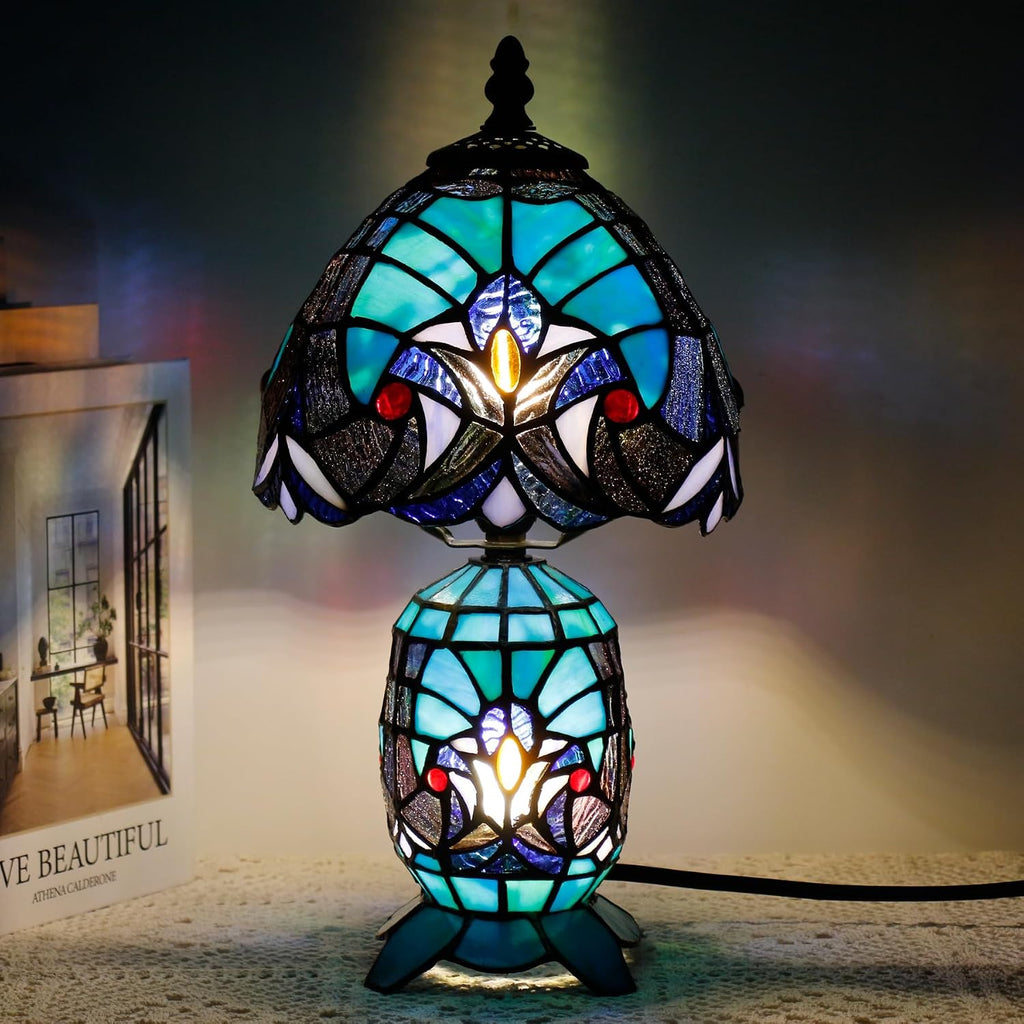 Small Tiffany Lamp Stained Glass Table Lamp Mini Mother Daughter Vase Desk Accent Light for Bedroom Bedside Reading Home Antique Style Decor 8X14 Inches (Green)