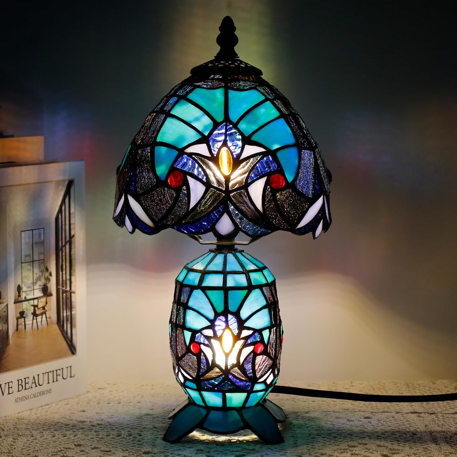 Small Tiffany Lamp Stained Glass Table Lamp Mini Mother Daughter Vase Desk Accent Light for Bedroom Bedside Reading Home Antique Style Decor 8X14 Inches (Green)