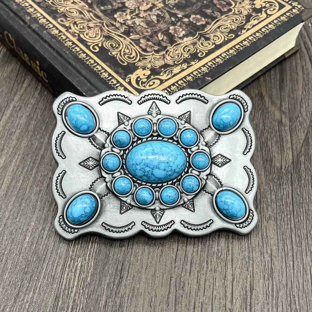 Men's Western Belt Buckle - Vintage Turquoise with Native American & Cowboy Elements