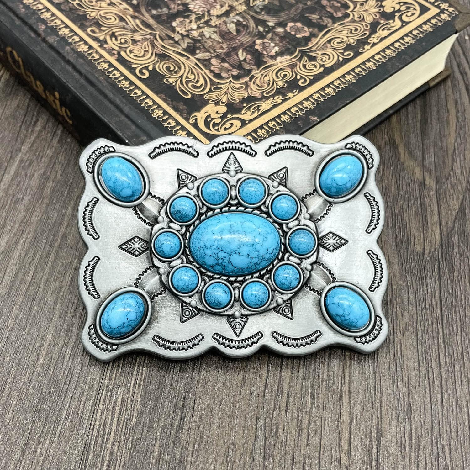 Men's Western Belt Buckle - Vintage Turquoise with Native American & Cowboy Elements