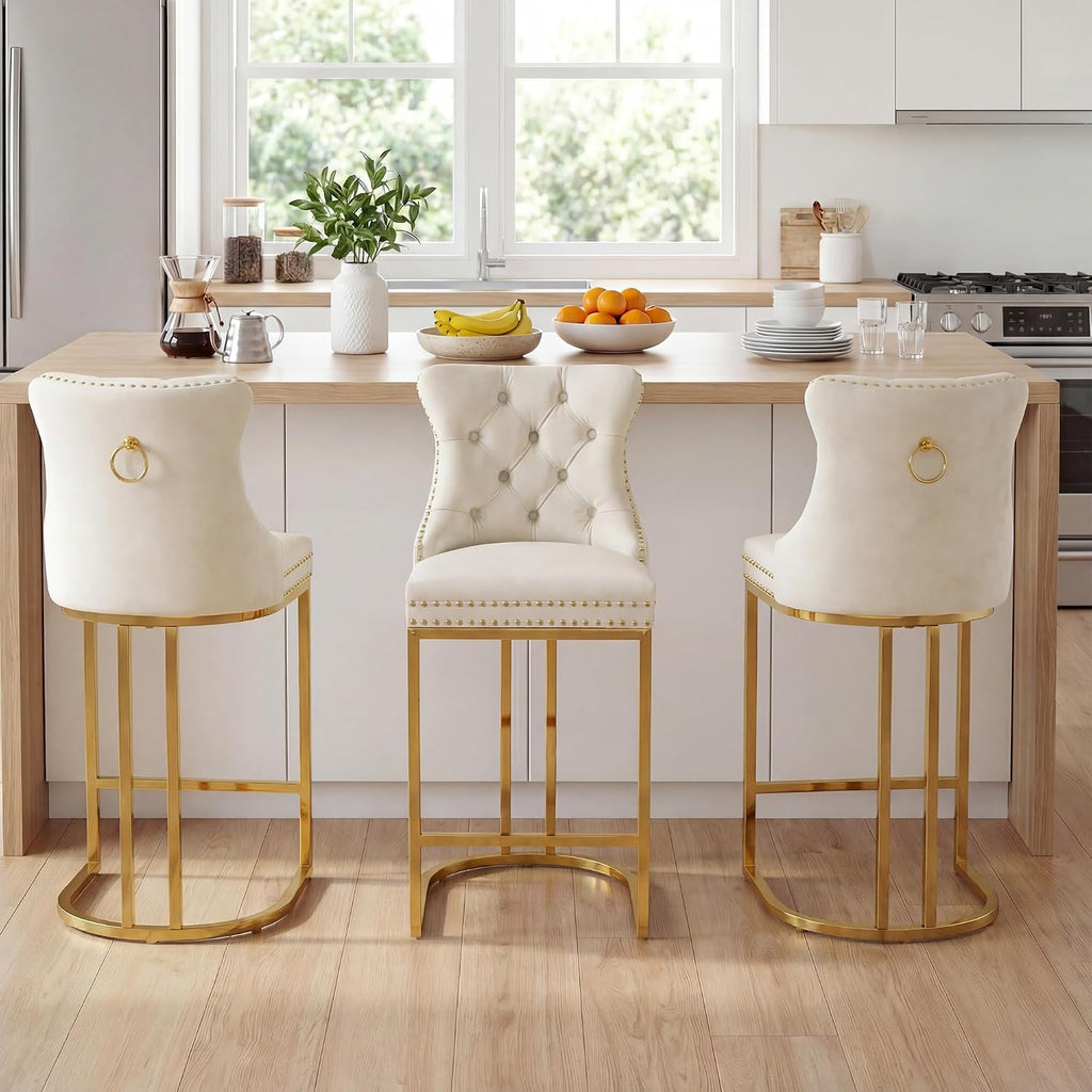 AQO Counter Height Bar Stools Set of 3 for Kitchen Island, Modern Bar Stools with Backs, 26 Inch Barstools with Upholstered Velvet Seat and Gold Legs, Beige