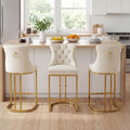 AQO Counter Height Bar Stools Set of 3 for Kitchen Island, Modern Bar Stools with Backs, 26 Inch Barstools with Upholstered Velvet Seat and Gold Legs, Beige