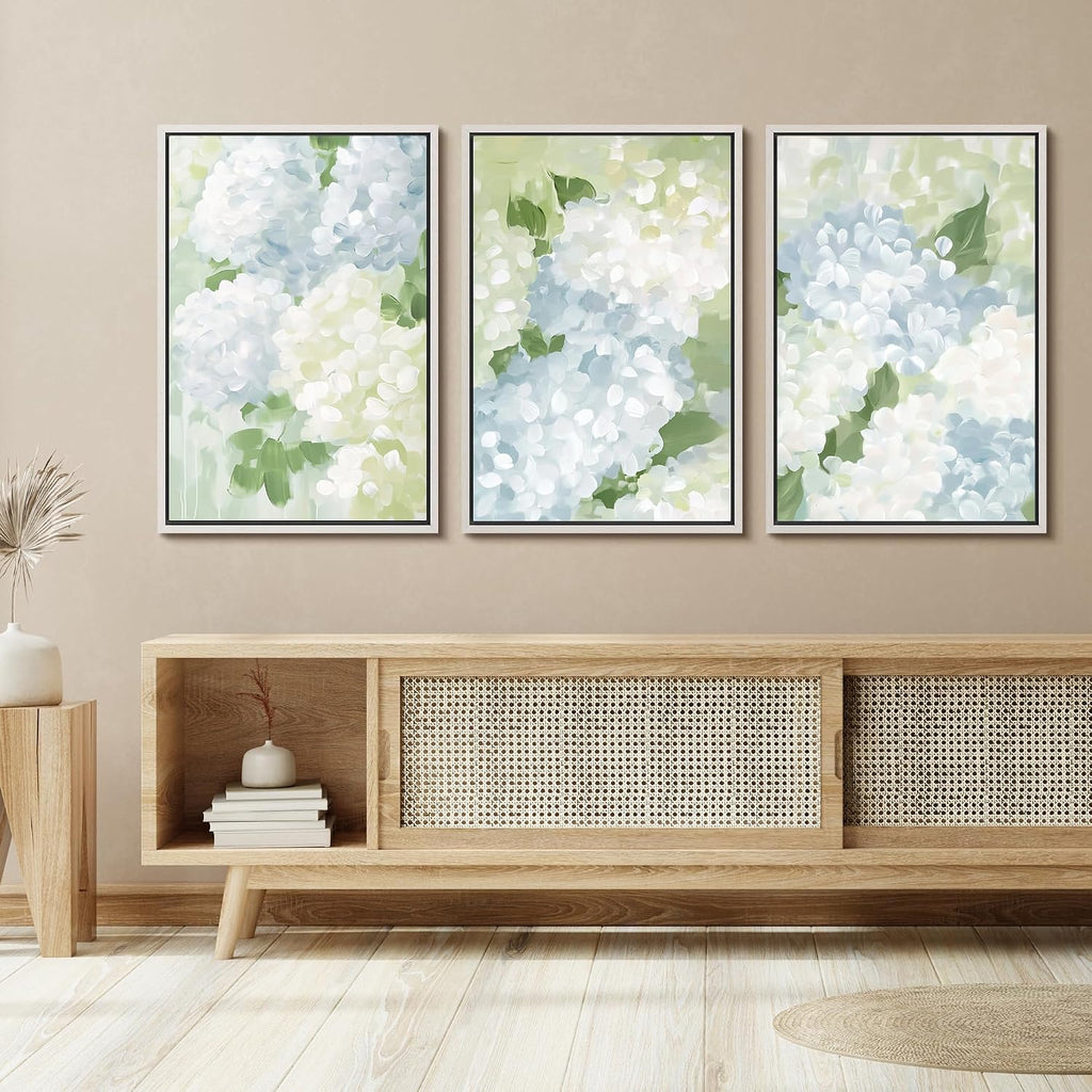SIGNFORD Framed Canvas Print Wall Art Set Soft Hydrangea Floral Subtle Blue and Green Hues Illustrations Modern Art Relax/Calm for Living Room, Bedroom, Office - 24'x36'x3 White
