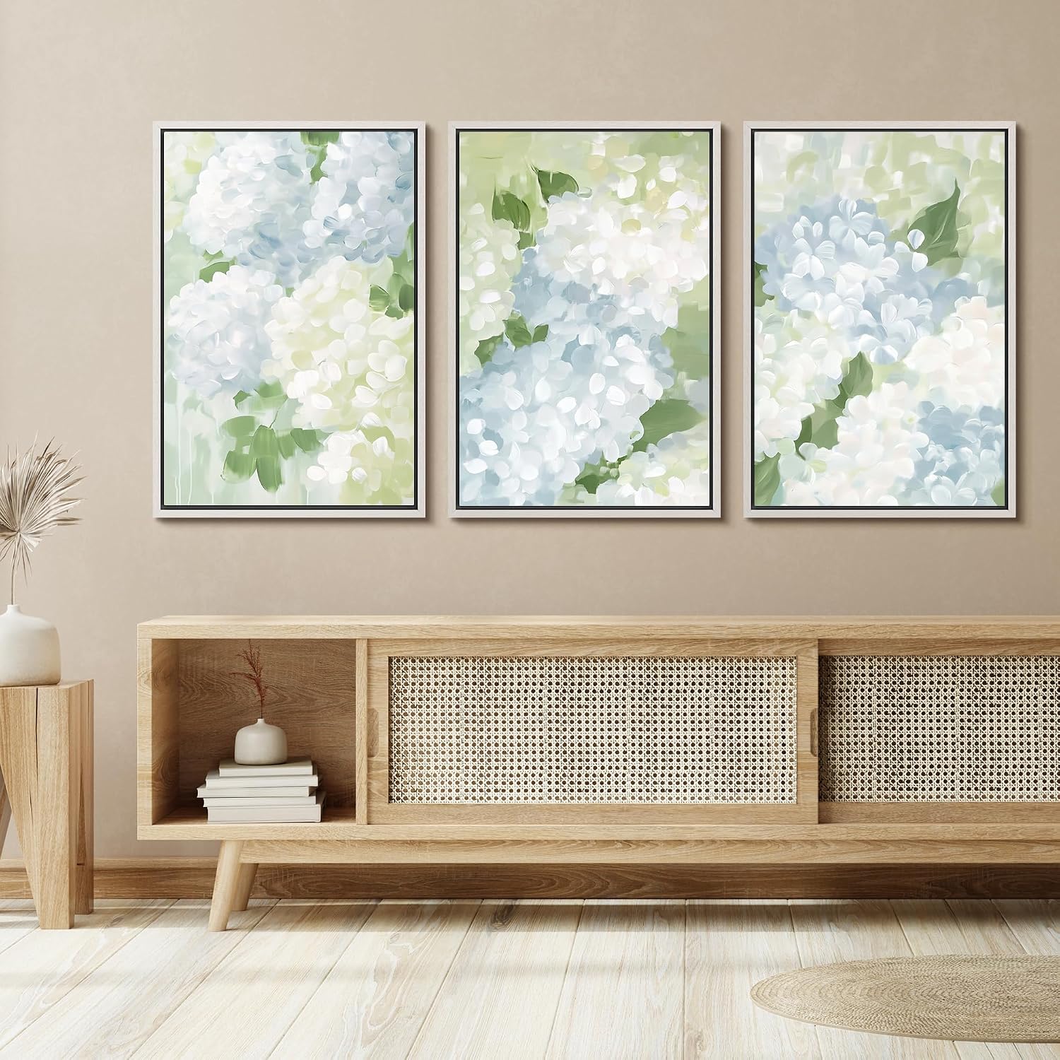 SIGNFORD Framed Canvas Print Wall Art Set Soft Hydrangea Floral Subtle Blue and Green Hues Illustrations Modern Art Relax/Calm for Living Room, Bedroom, Office - 24'x36'x3 White