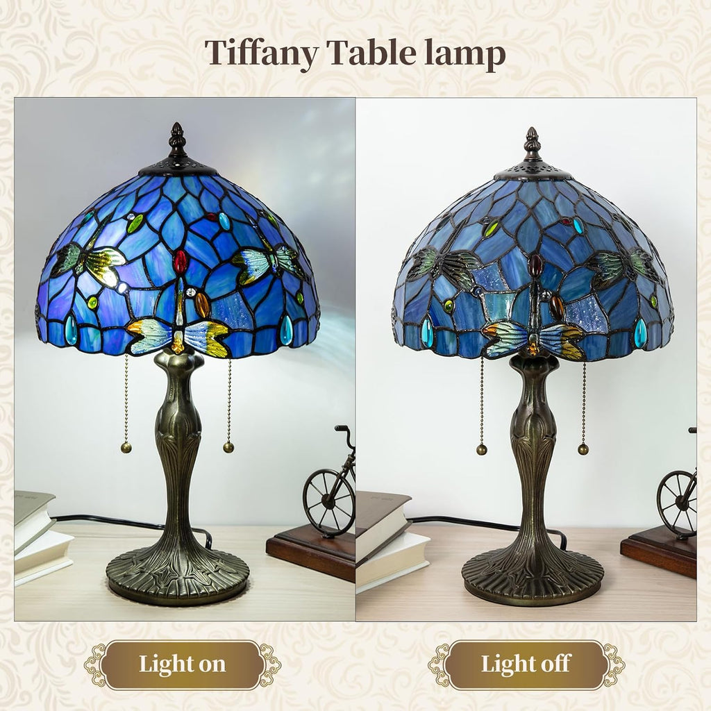 Tiffany Table Lamp, 3 Color-Temperature Dragonfly Stained Glass Lamp,12 Inch Tiffany Style Lamp for Bedroom Living Room Home, Handcrafted Light, Included Bulb (Blue)