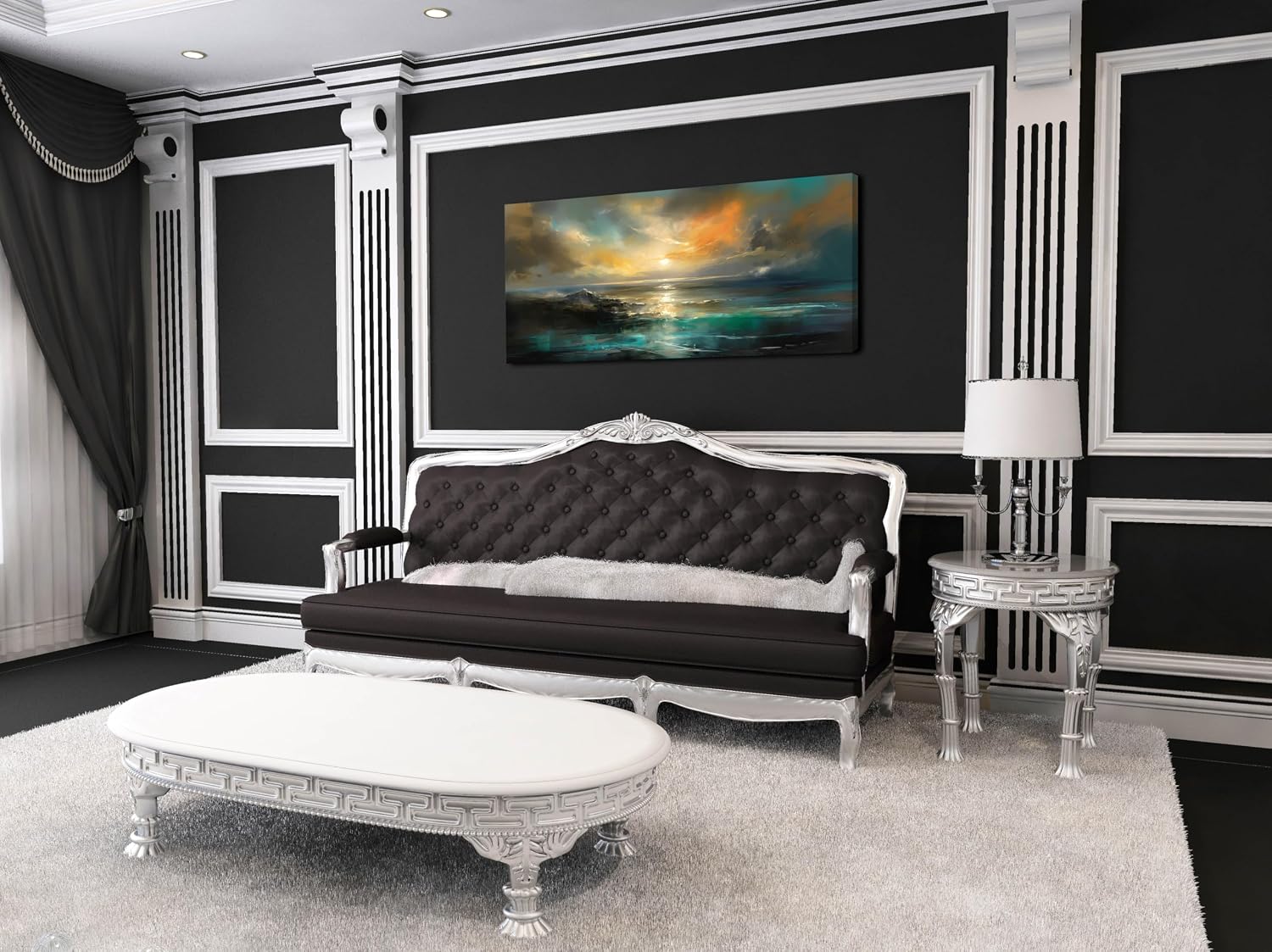 Lasdel Ocean Sunset Landscape Canvas Wall Art for Living Room Bedroom Home Decoration, Beautiful Nature Scenery Oil Painting Print Picture Decor Artwork, Gallery Wrapped Gift Inner Frame 28x58 Inches