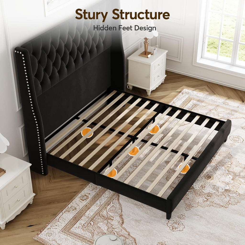 Queen Bed Frame with 55' Tall Headboard, Upholstered Black Bed Frame Queen, Soft Fabric, Button Tufted Headboard with Windback, Platform Bed, Noise-Free, No Box Spring Needed