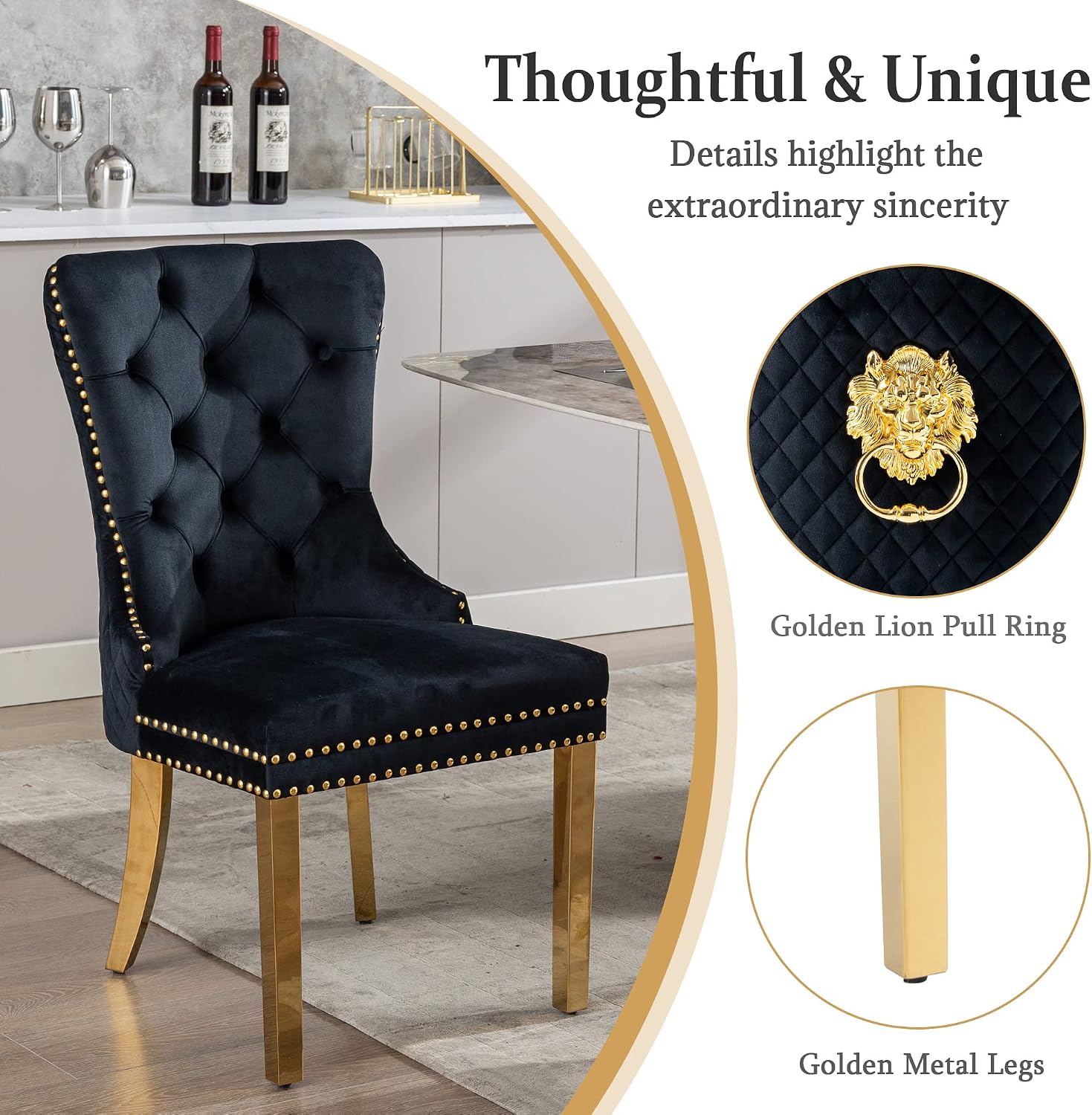 civama Dining Chairs Set of 4, Elegant Luxury Velvet Tufted Dining Chairs Golden Legs & Nailhead Trim, Back Lion Head Pull Ring & Rhomboid Pattern, Nikki Collection Armless Kitchen Chair, Black