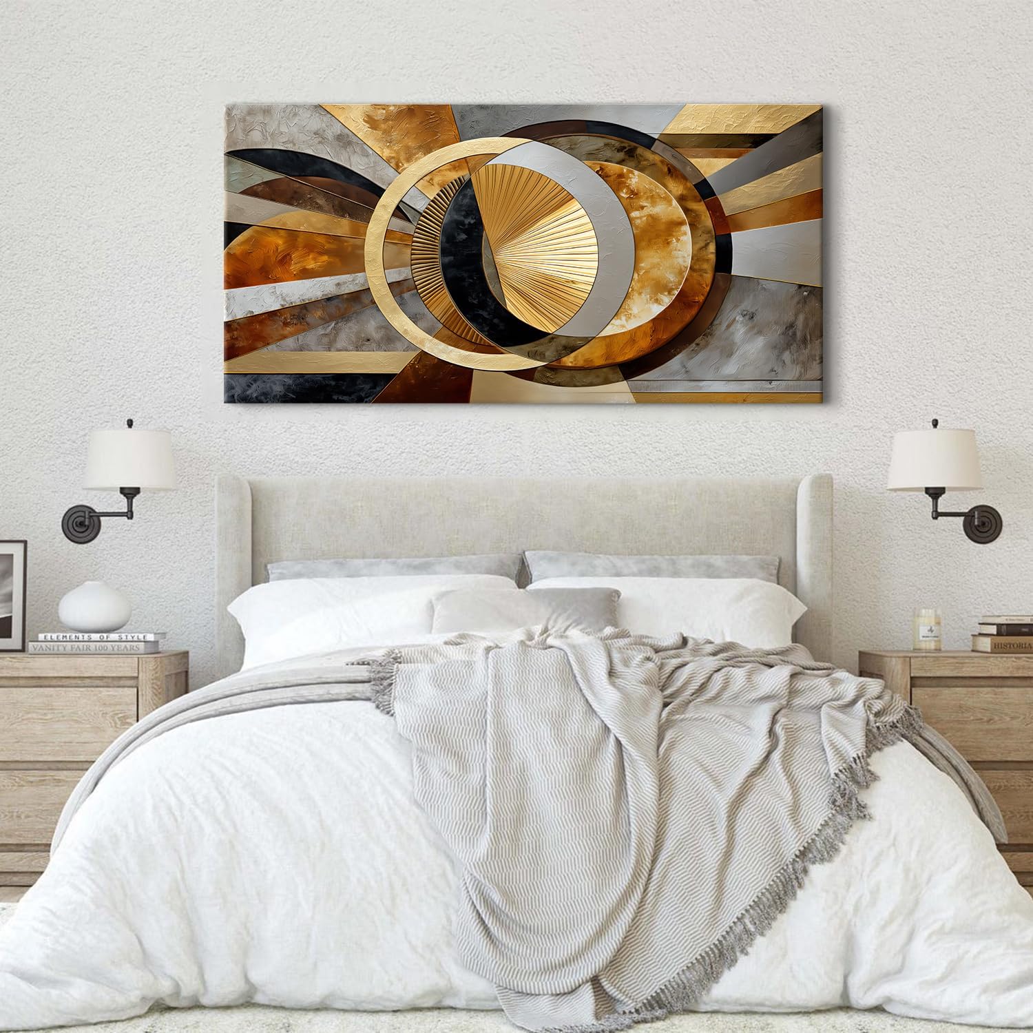 Big Abstract Wall Art Geometric Line Canvas Prints Pictures Modern Office Wall Decor Black and Gold Gray Stroke Ink Painting Mid Century Artwork Poster for Living Room Office Home Decorations 75x147cm