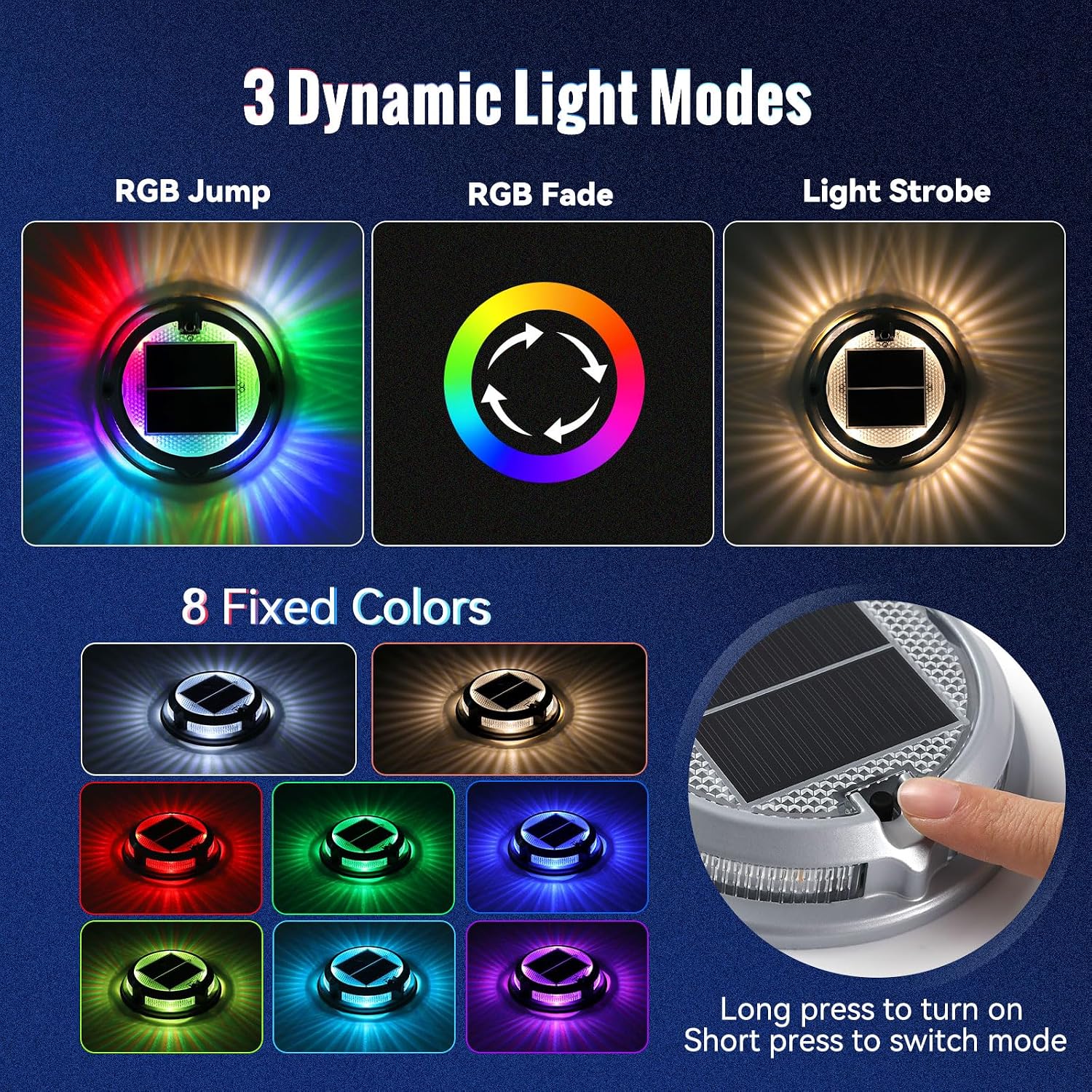 Solar Driveway Lights Outdoor 16 Pack, RGB Colors Solar Deck Dock Lights Outdoor Waterproof IP68, 3 Dynamic Light Modes Driveway Marker for Warning Stair, Boat Dock, Step, Walkway, Patio Decor