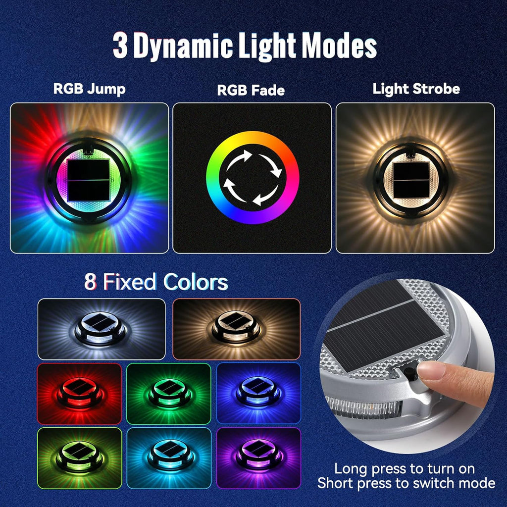 Solar Driveway Lights Outdoor 24 Pack, RGB Colors Solar Deck Dock Lights Outdoor Waterproof IP68, 3 Dynamic Light Modes Driveway Marker for Warning Stair, Boat Dock, Step, Walkway, Patio Decor