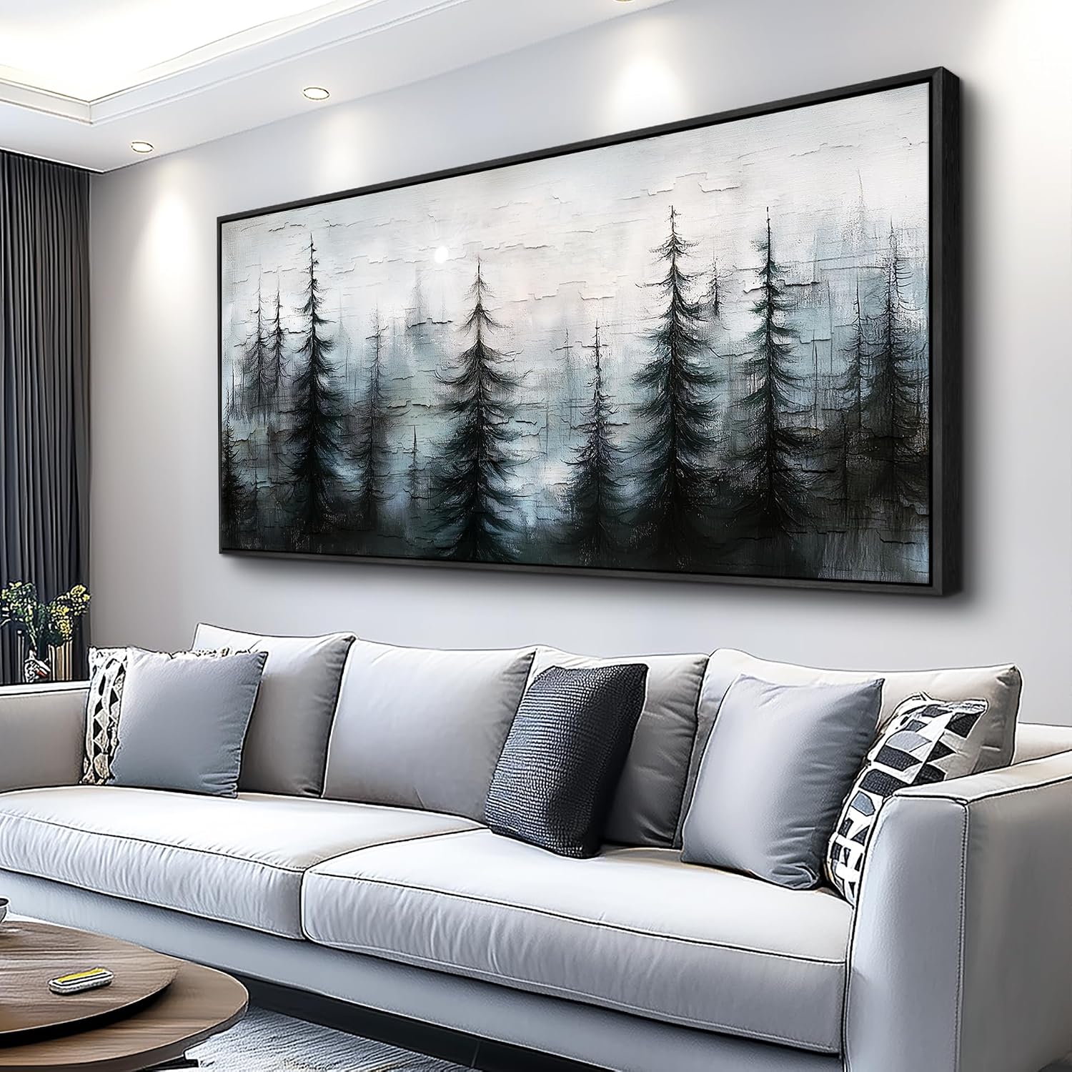XIGUANGART Misty Forest Canvas Wall Art Nature Landscape Pictures Farmhouse Abstract Tree Watercolour Painting Wall Decor Living Room, Bedroom Home Office Decorations Artwork Black Framed Large 60x30