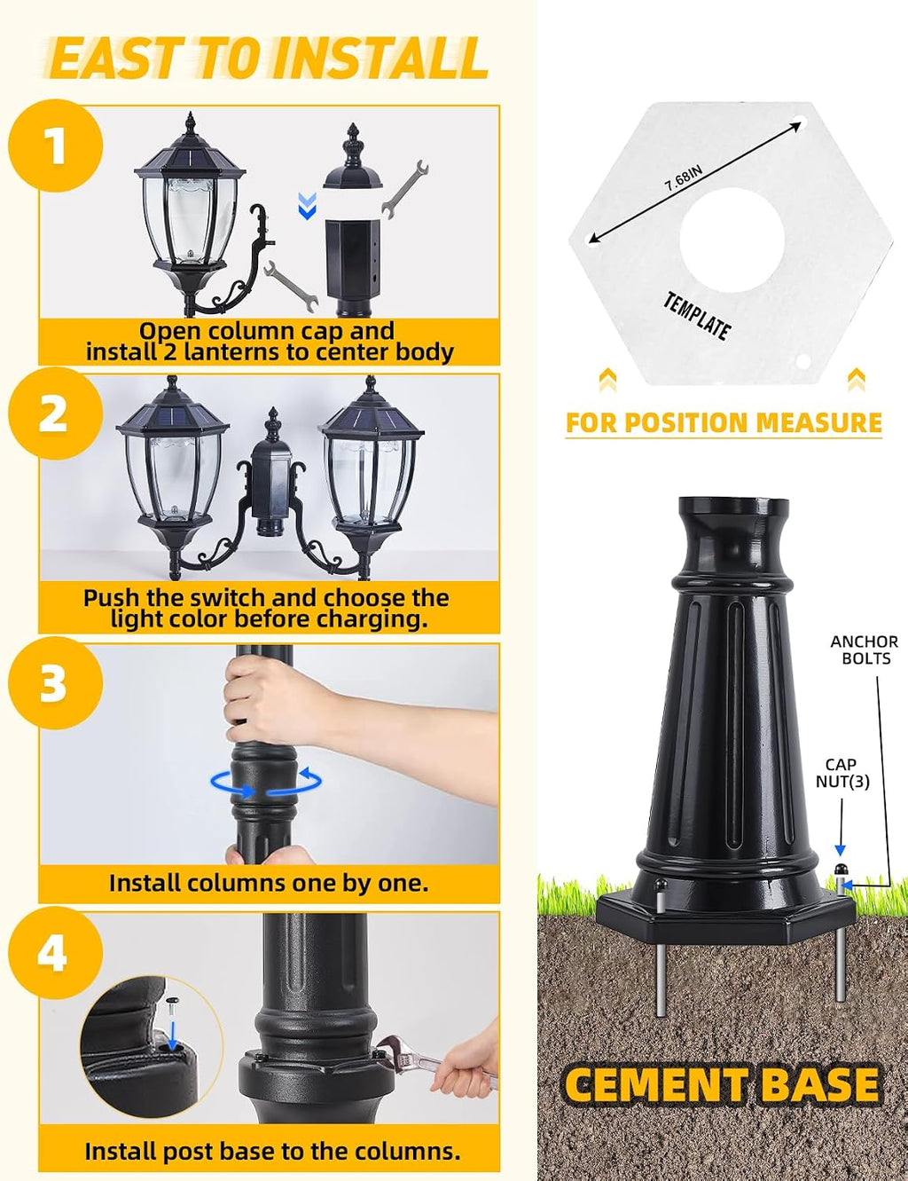 2-Heads Outdoor Solar Lamp Post Lights with Dusk to Dawn Sensor, Classic Exterior Solar Pole Lights with Waterproof, Black Street Lights with Clear Glass for Garden, Patio, Pathway, Driveway