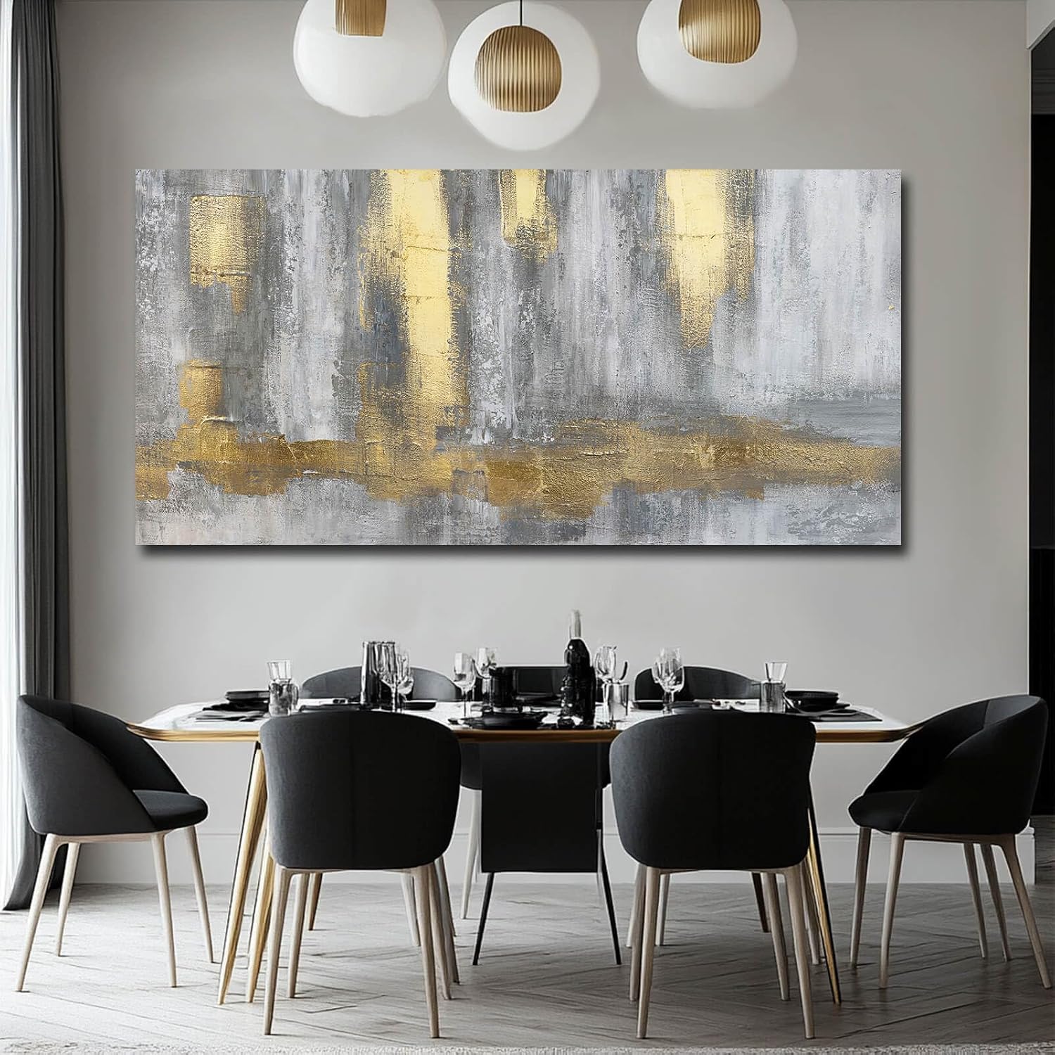 XIANSHOU Gold Wall Decor Hand Drawn Paintings Abstract Canvas Wall Art Large Pictures Grey Poster Arts 29'x58'
