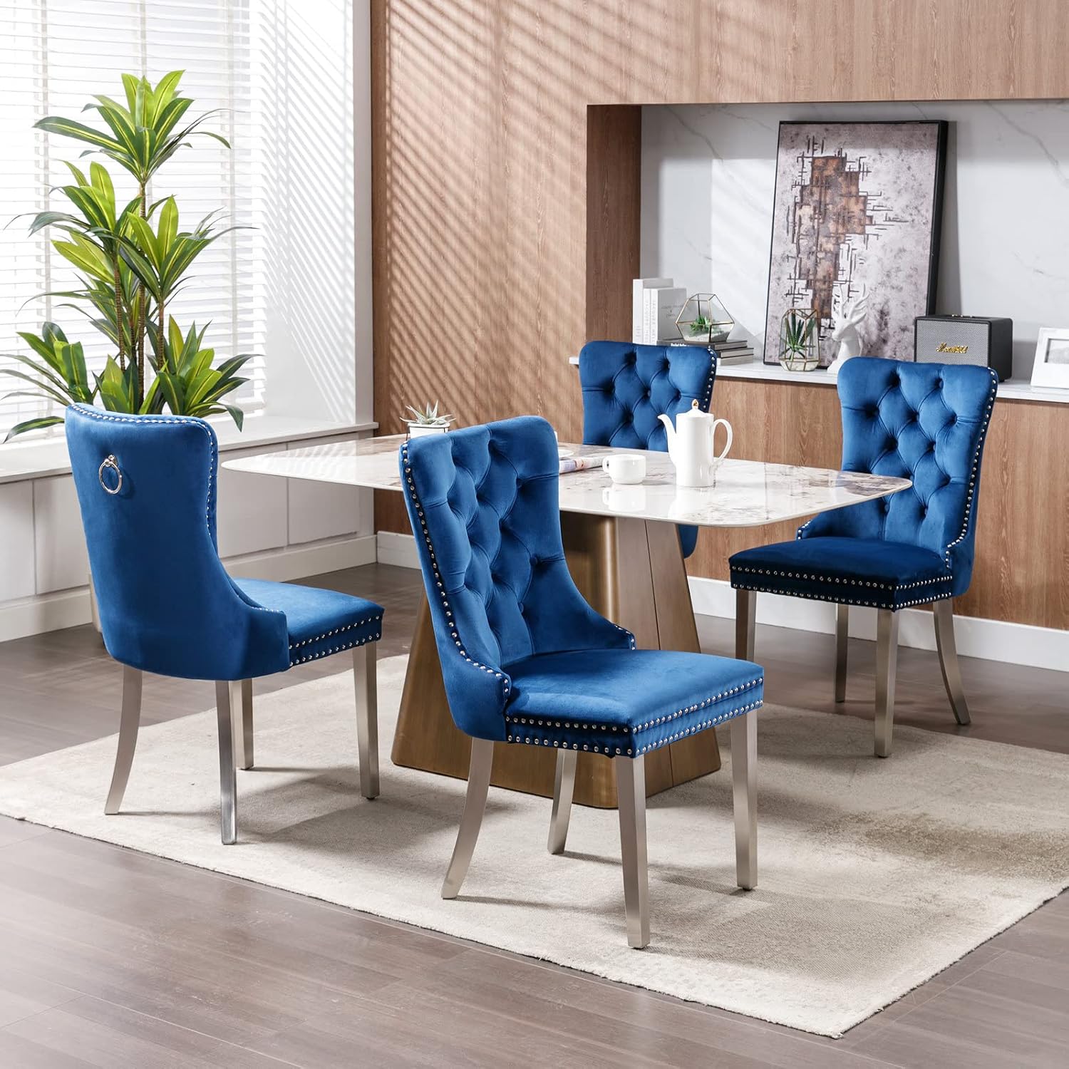 2 Piece Contemporary Velvet Upholstered Dining Chair with Chrome Stainless Steel Plating Legs, Nail Head Decro, Armless Tufted Dining Chair Fabric Dining Room Chair (Blue&Silver, Set of 2)