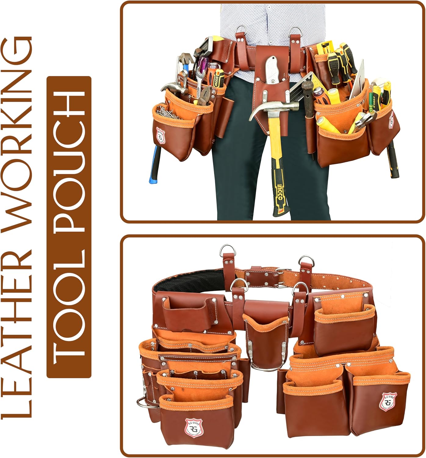 Leather Tool Belt with Adjustable Hook Premium Heavy Duty Tool Belts for Men and woman with 22 Multi-Purpose Pocket Tool Pouch (Maroon, Standard)
