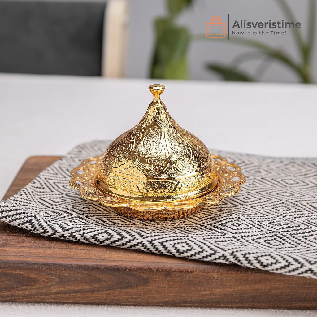 Alisveristime Handmade Turkish Tea Water Zamzam Serving Set Glasses Saucer, Tray and Spoon (Gold)
