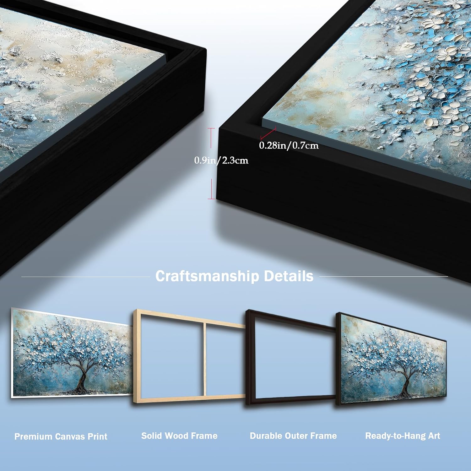 crmotu Tree of Life Wall Art, Large Wall Decor Living Room, Black Framed Wall Art, Cherry Blossom Tree Painting Prints, Modern Japanese Aesthetic Artwork, Blue Big Pictures for Office Hotel 32'x71'