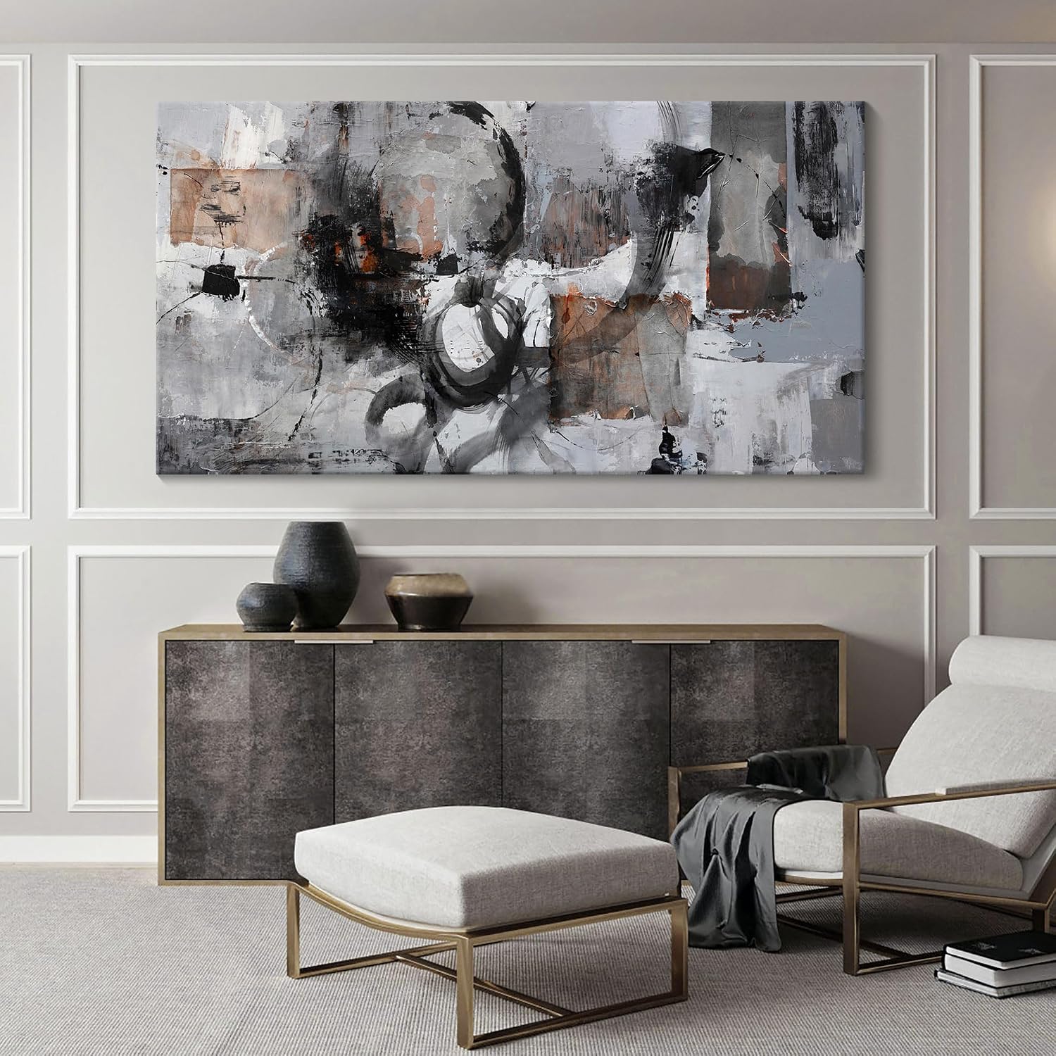 Pogusmavi Large Abstract Canvas Wall Art - Black & Grey, 29x58in, Framed, Modern Decor for Living Room & Bedroom
