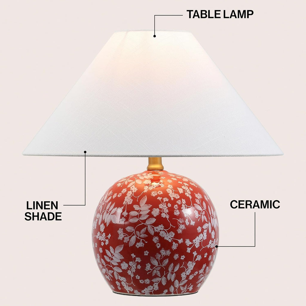 JONATHAN Y 17.25' Red/White Modern Cottage Floral Ceramic Globe Table Lamp for Bedroom, White Linen Shade, LED Bulb Included, French Country Home Decor (JYL5508B)