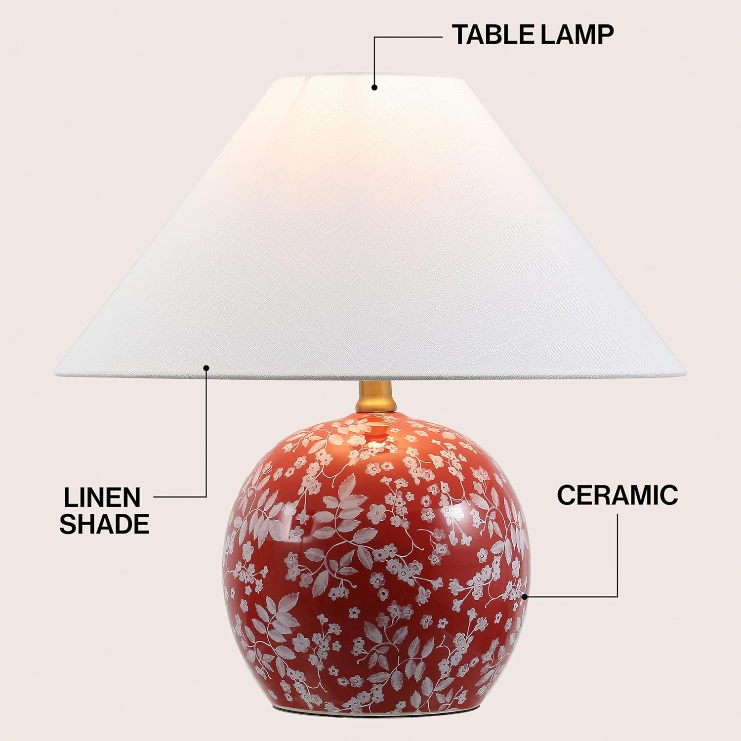 JONATHAN Y 17.25' Red/White Modern Cottage Floral Ceramic Globe Table Lamp for Bedroom, White Linen Shade, LED Bulb Included, French Country Home Decor (JYL5508B)