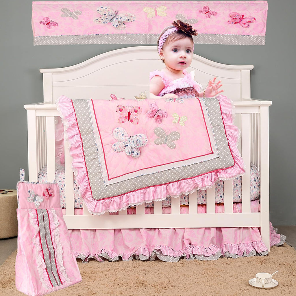 5 PCs Cotton Pink Embroidery Butterfly Nursery Crib Bedding Set Heavy Duty Cotton Butterfly Themed Baby Girl Cot Bedding Set Quilt /Fitted Sheet x 2/ Diaper Storage Bag /Window Valance , 28 X 52