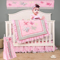 5 PCs Cotton Pink Embroidery Butterfly Nursery Crib Bedding Set Heavy Duty Cotton Butterfly Themed Baby Girl Cot Bedding Set Quilt /Fitted Sheet x 2/ Diaper Storage Bag /Window Valance , 28 X 52