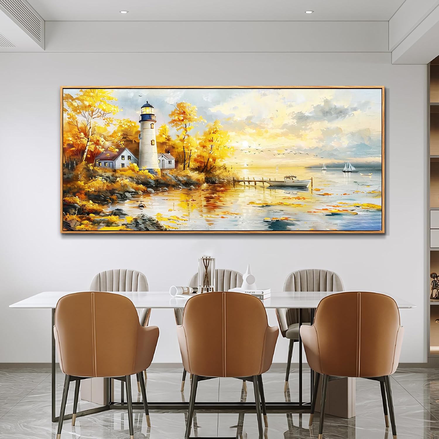 XIGUANGART Extra Large Wall Art for Living Room Modern Framed Coastal Beachy Canvas Wall Art Big Floral Sunrise Yellow Wall Picture Lighthouse Nature Sunset Artwork for Office Bedroom Decor 32x72 In