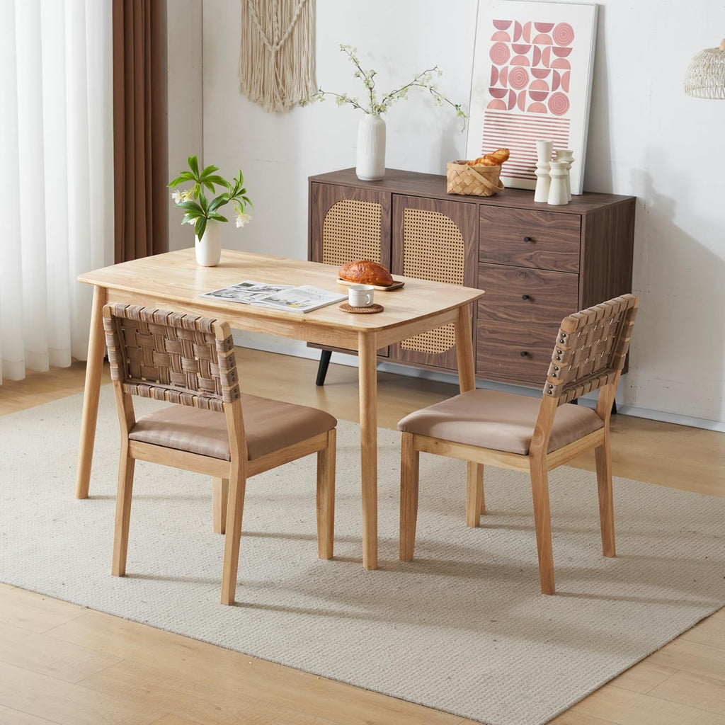 VINGLI Khaki Woven Wooden Dining Chairs Set of 2,Armless Mid Century Modern Desk Chairs with Rivet&Foot Pegs,Upholstered Farmhouse Comfy Chair No Wheels for Dining Room,Living Room,Kitchen,Oak,Suede