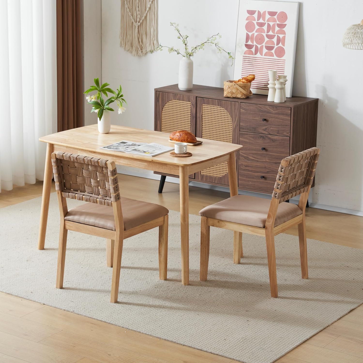 VINGLI Khaki Woven Wooden Dining Chairs Set of 2,Armless Mid Century Modern Desk Chairs with Rivet&Foot Pegs,Upholstered Farmhouse Comfy Chair No Wheels for Dining Room,Living Room,Kitchen,Oak,Suede