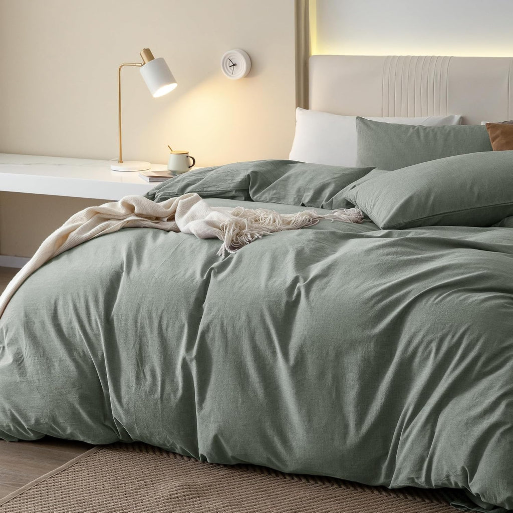 JIYUAN Alaska King Duvet Cover Set, 3-Piece - 100% Washed Cotton, Linen-Like Soft & Breathable with Zipper Closure, Includes 132x120 Inch Cover & 2 Pillowcases, Heathered Green