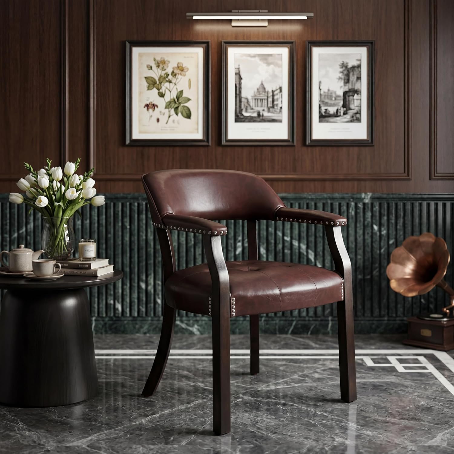 Dining Chairs with Upholstered and Arms,Office Desk Chair with Metal Rivets. PU Boss Captain's Chairs,Classic Accent Stools for Dining Room, Bedroom Brown Legs & Wine Red NX173-318WR