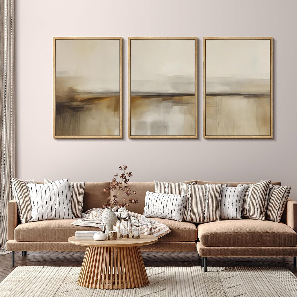 SIGNFORD Framed Canvas Print Wall Art Set Desert Haze Abstract Neutral Beige and Brown Illustrations Modern Art Relax/Calm for Living Room, Bedroom, Office - 24'x36'x3 Natural