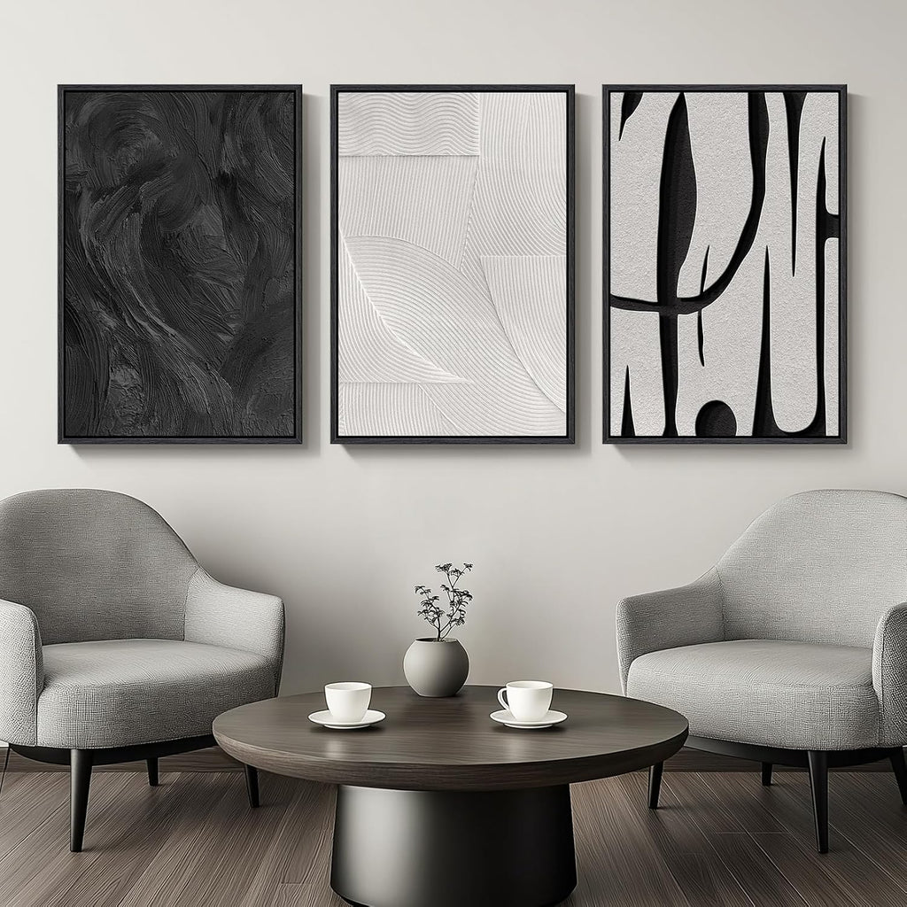 Large Framed Black and White Abstract Wall Art for Living Room, 3 Piece Canvas Prints Paintings Artwork for Walls, Modern Minimalist Pictures for Hallway Stair Office Wall Decor -Total Size 30x60 Inch