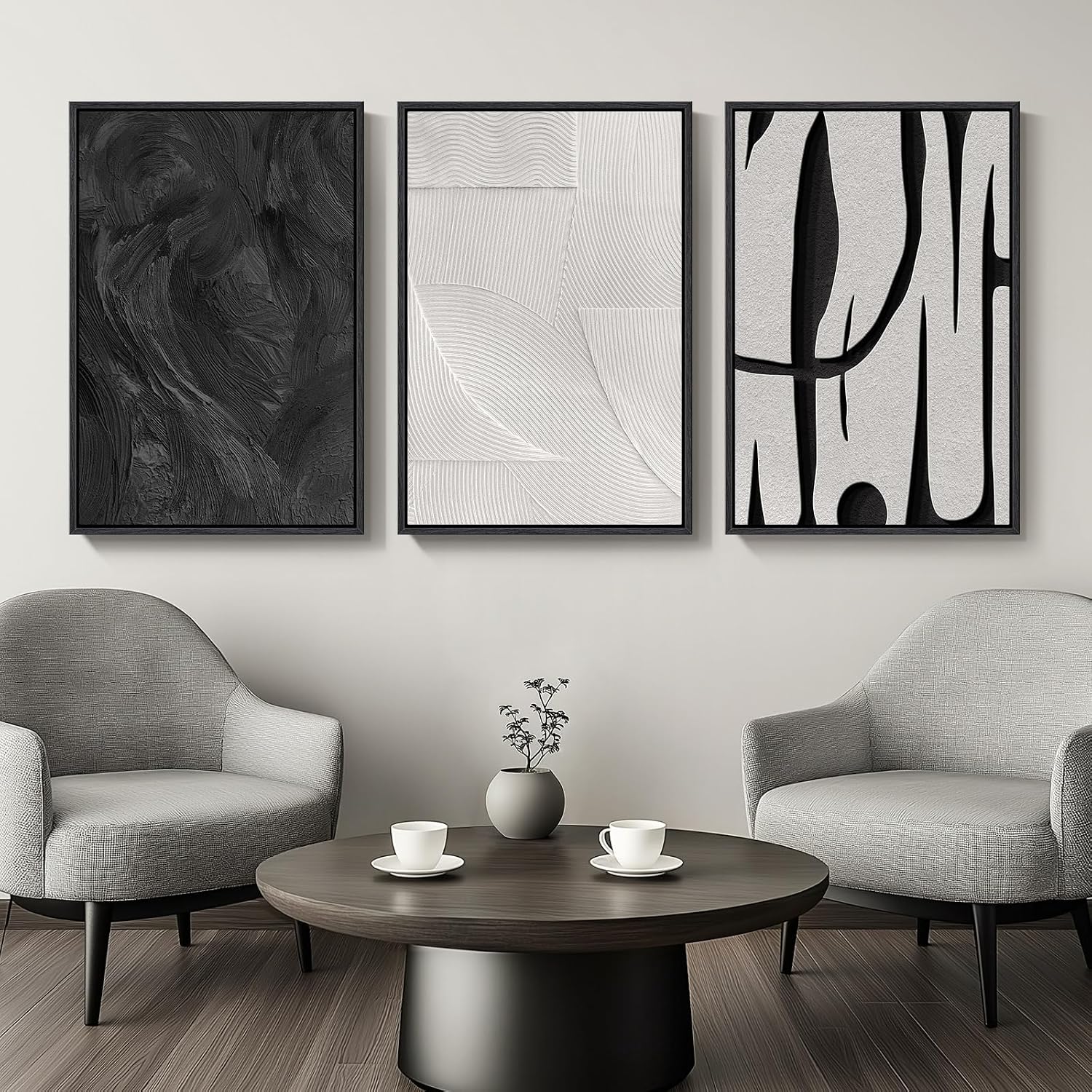 Large Framed Black and White Abstract Wall Art for Living Room, 3 Piece Canvas Prints Paintings Artwork for Walls, Modern Minimalist Pictures for Hallway Stair Office Wall Decor -Total Size 30x60 Inch